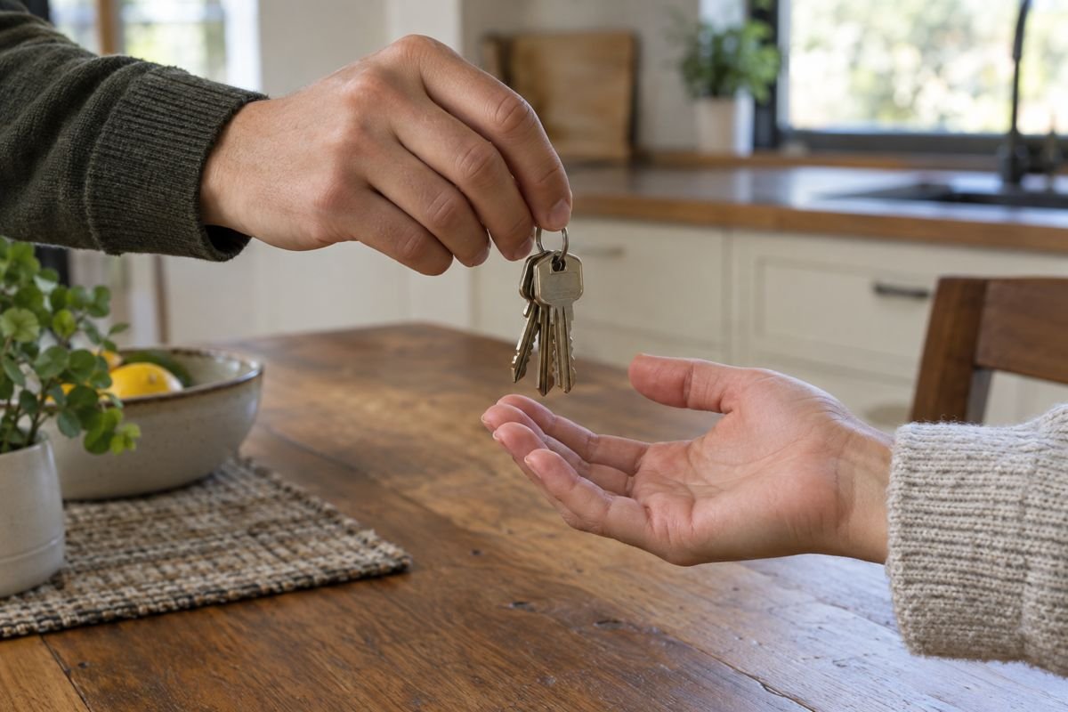 Keys being handed across a kitchen table