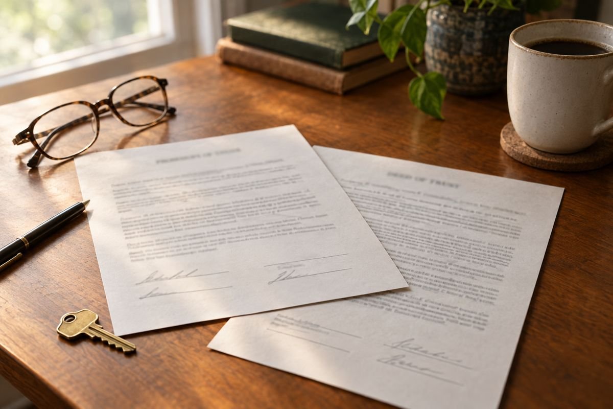 Promissory note and deed of trust on a desk with a house key