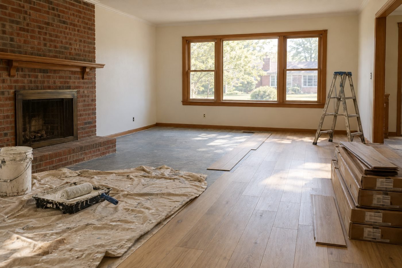 Living room mid-refresh with fresh paint and new plank flooring being installed